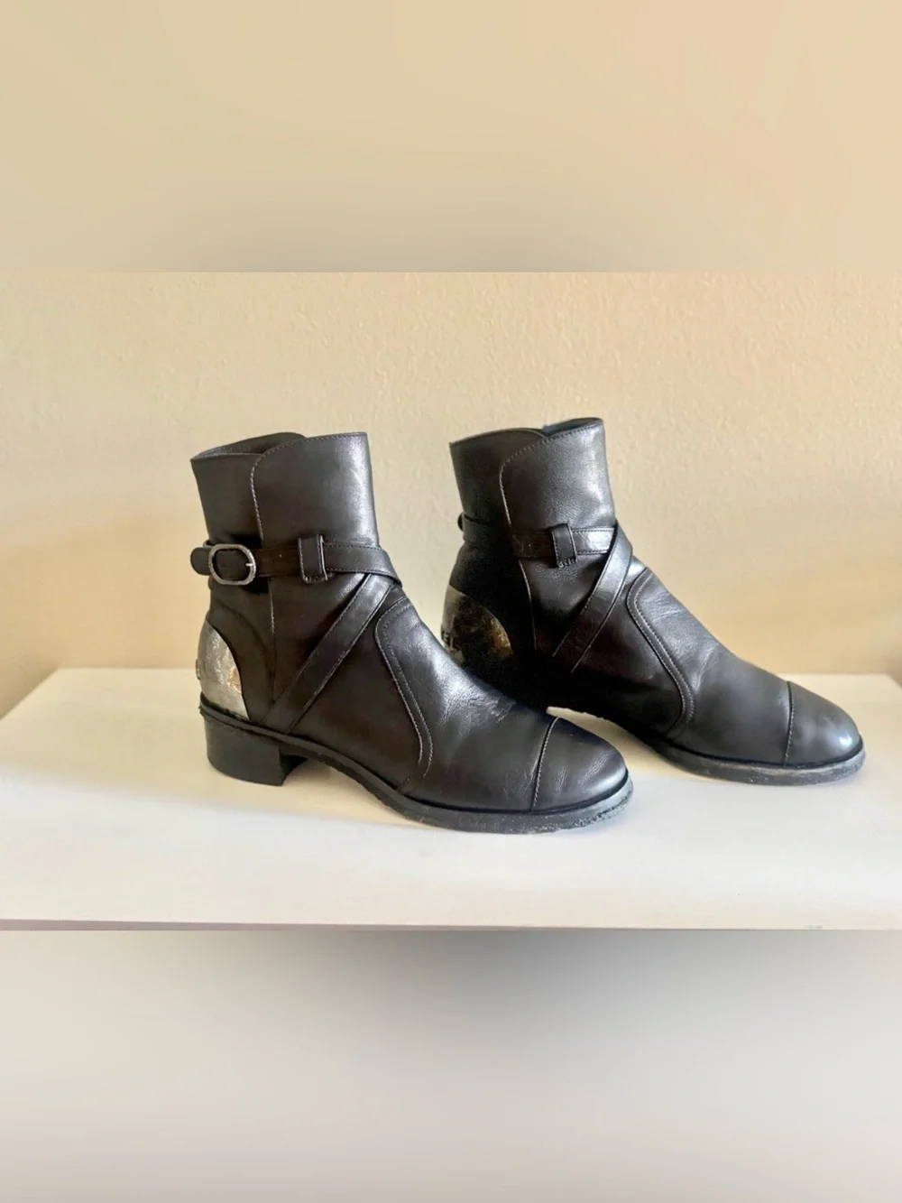 CHANEL Black Leather Moto Boots size 36.5, Silver Heel Logo Accent **Authentic**